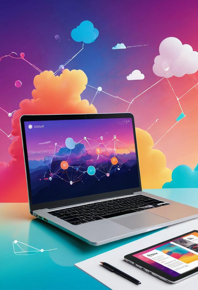 A modern laptop displaying a split screen; one half showing a bustling e-commerce site with vibrant product images and shopping cart icons, and the other half featuring a sleek, minimalist blog with engaging articles and interactive elements. The background includes abstract digital networks and clouds to represent interconnectedness. Vibrant colors with a touch of futurism. Vector art.