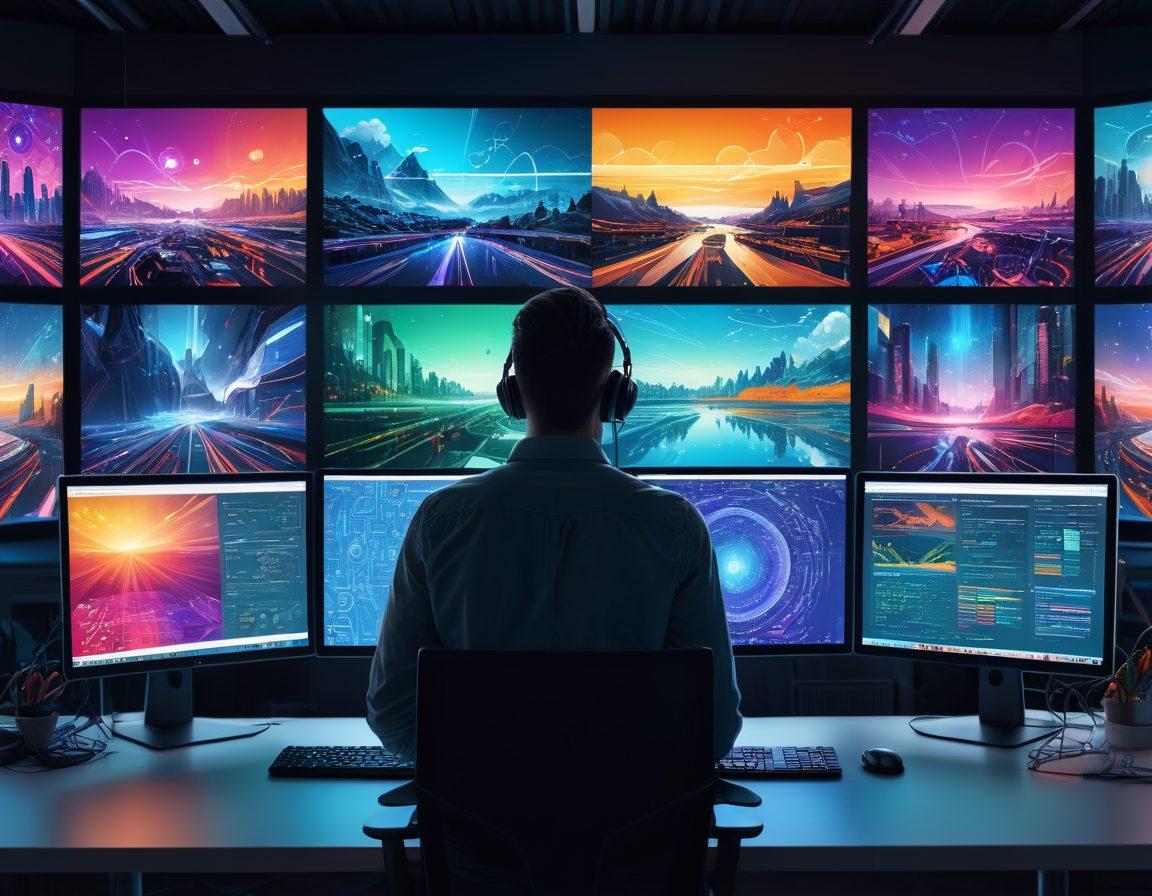 A dynamic scene featuring a web developer at a sleek workstation, surrounded by multiple monitors displaying colorful, intricate website designs and code. The backdrop showcases various elements like browser windows, SEO graphs, and social media icons, merging seamlessly. Super-realistic. vibrant colors. modern digital art.