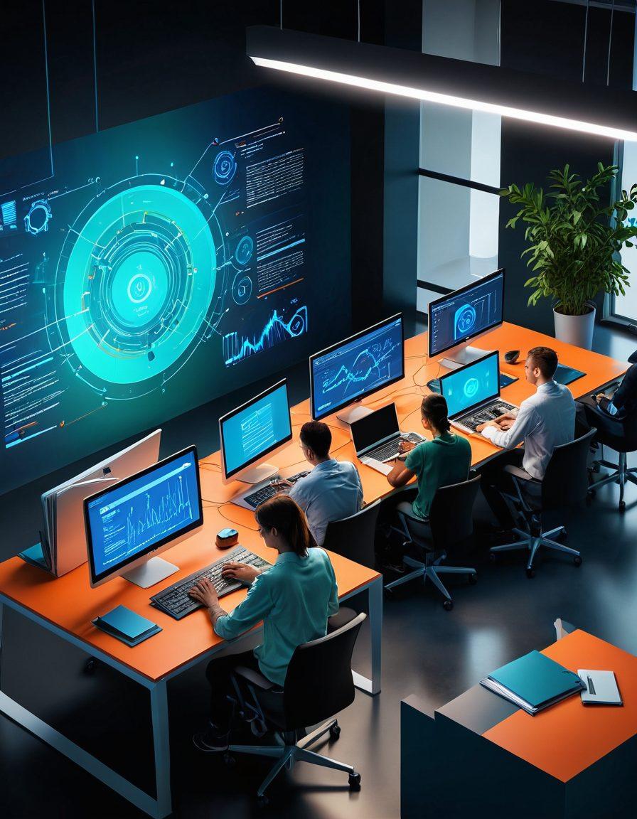 A sleek, modern website interface glowing with vibrant hues; various digital elements like coding sequences, analytics graphs, and user engagement icons blend seamlessly with creative design elements. In the foreground, a diverse team brainstorming with laptops and notebooks in a tech-savvy workspace. futuristic and professional. vibrant colors. isometric style.